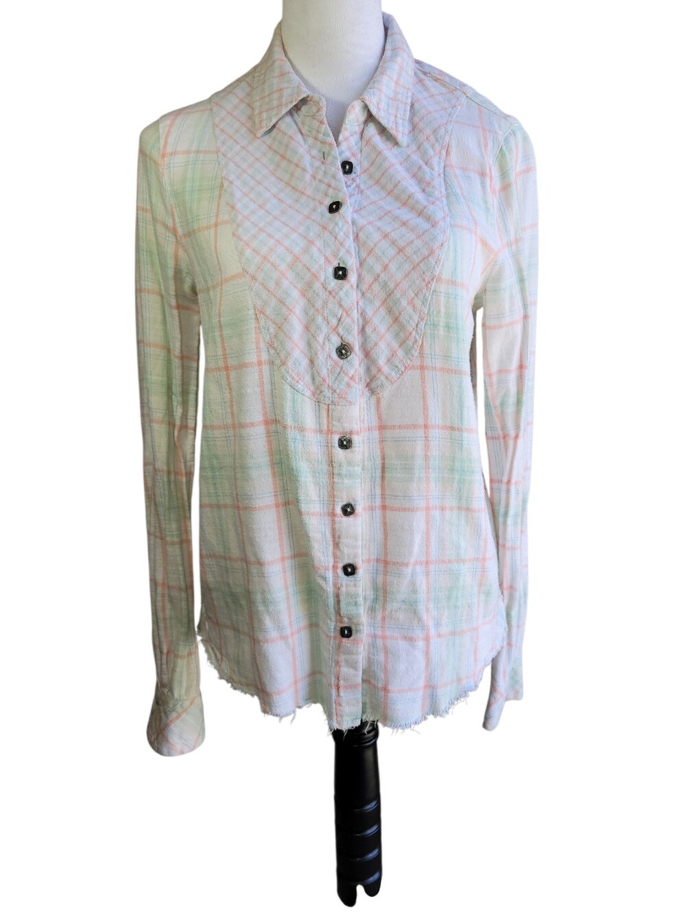 Free People We The Free "True Colors" Distressed Flannel Button Down Shirt Small